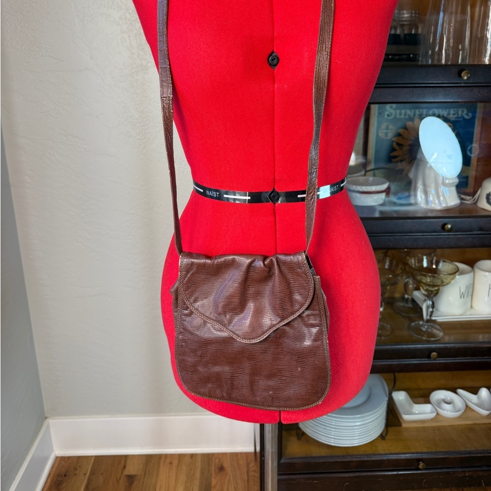 Ann Taylor Vintage Italian Brown Lizard Embossed Leather Crossbody Bag